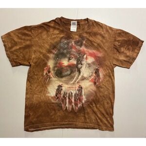 The Mountain Wolf Dreamcatcher Patriotic July 4 Tie Dye T-Shirt Brown Mens M